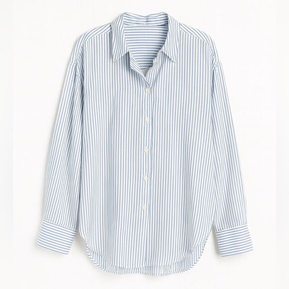 Zara Women's Blue and White Striped Button Down Shirt - Picture 1 of 8